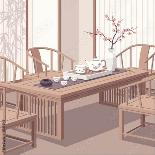Serene traditional chinese tea ceremony setup with blossom branch decoration