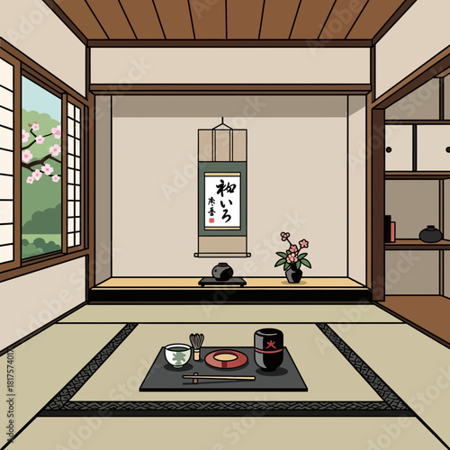 Serene japanese tea room interior with traditional tatami mats and tea set