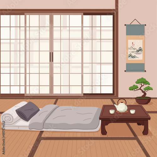 Serene Japanese-style Room with Tatami Mat, Futon, and Tea Setting Scene