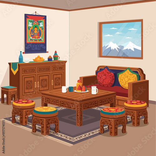Stylized Tibetan home interior rendering with traditional furniture and art