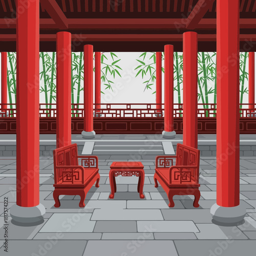 Tranquil Asian Courtyard with Bamboo, Pillars and Traditional Seating Area