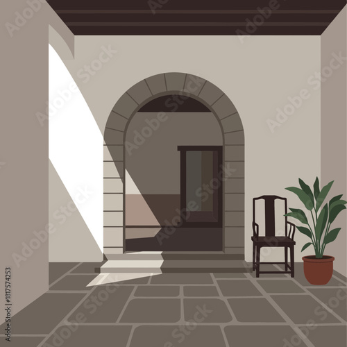 Tranquil courtyard scenery with soft light and simple design elements