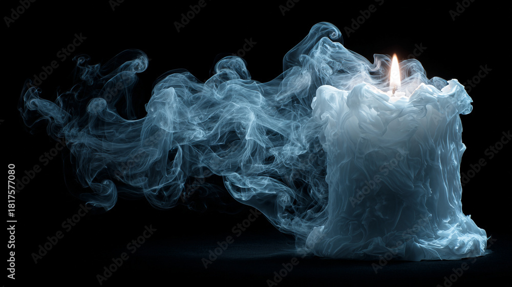 Fototapeta premium Close-up of a candle being blown out with curling smoke rising against dark background highlighting delicate movement, atmospheric mood, and soft lighting perfect for creative or lifestyle visuals