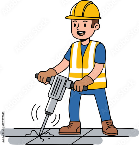 Construction worker using a jackhammer to break up pavement, illustration