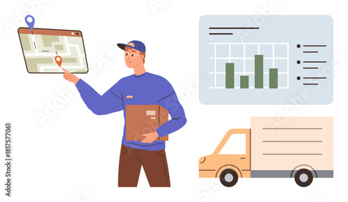 Courier holding package, interacting with digital map and delivery analytics. Ideal for logistics, shipping, delivery service, route optimization, business planning, technology supply chain. Simple