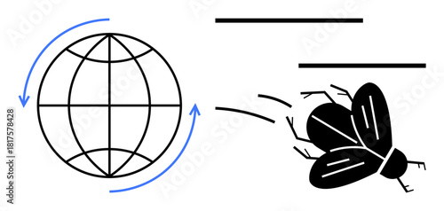 Globe with rotational arrows and flying insect symbolize global connection, fast communication, natures balance, evolution, transportation, and innovative solutions. Ideal for speed, connectivity