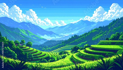 A pixel art landscape of rice terraces, mountains, and blue sky creating a