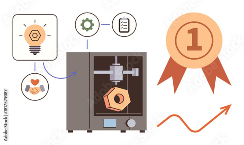 3D printer creating a hexagonal object, paired with idea, teamwork, planning concepts, award, and growth arrow. Ideal for technology, innovation, teamwork creativity growth manufacturing success
