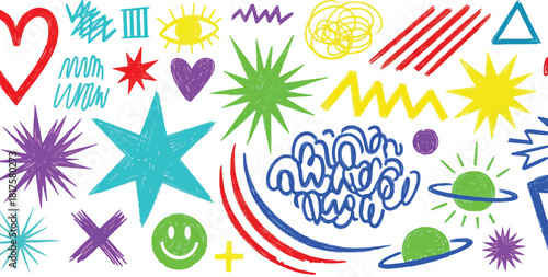 Colorful vector doodle pattern border of abstract hand-drawn shapes and stars for design