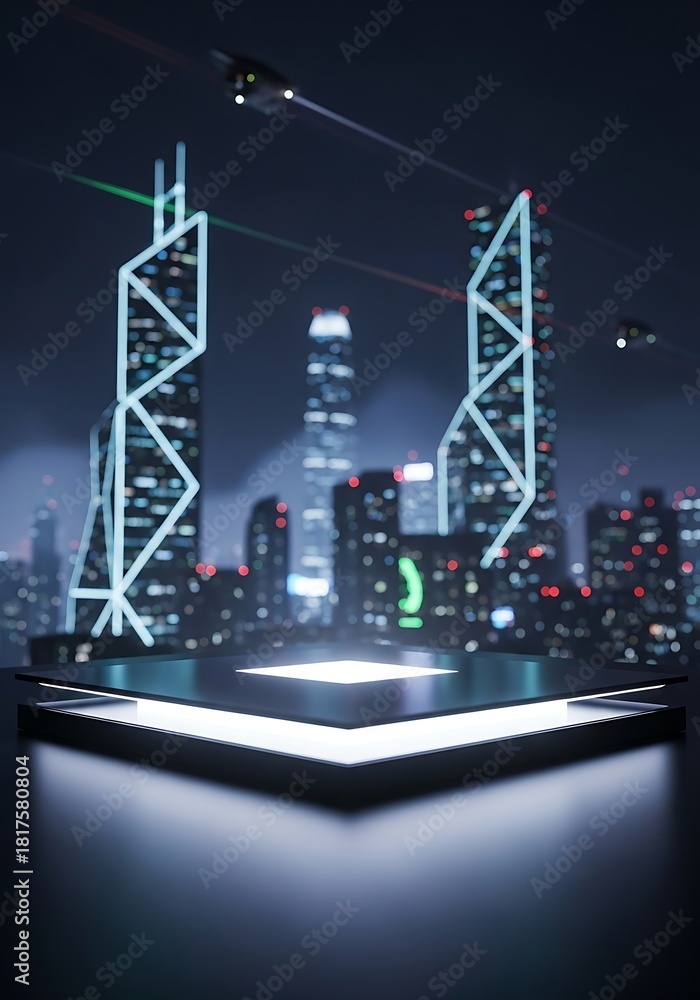 Obraz premium Futuristic city skyline with glowing platform and flying vehicles night
