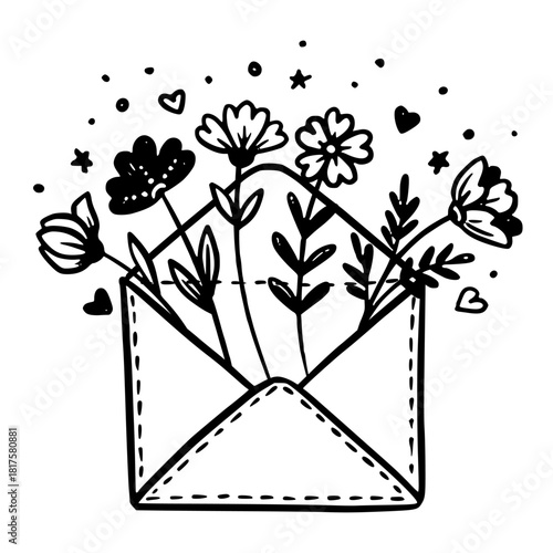 Open envelope with flowers vector illustration in doodle sketch style hand drawn outline in black and white. Cute romantic symbol for valentine card. Perfect for wedding design. Good for greeting.