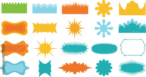 Abstract vector graphic design elements set including banners, splashes, and decorative frames isolated on white.