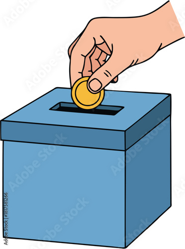 Donation Icon Hand Dropping Coin Into Blue Donation Box - Charity, Giving, Help, Support