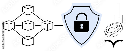 Blockchain network structure connected to a shield with a padlock for security, accompanied by a cryptocurrency coin. Ideal for digital security, cryptocurrency, blockchain, fintech, data protection
