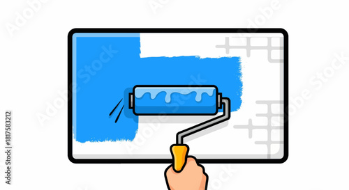 Cartoon wall painting icon, paint roller applying color on wall