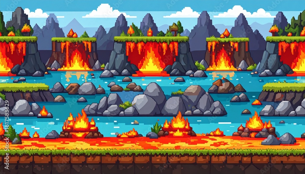 Dungeon pixel landscape. Seamless scene with lava lake. Vector