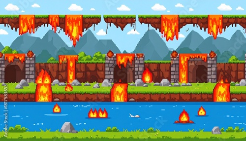 Dungeon pixel landscape. Seamless scene with lava lake. Vector