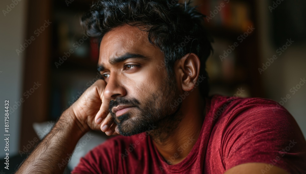 Fototapeta premium Depressed Indian Man Contemplates Life Struggles, Suffers From Unrequited Love, And Faces Difficult Situations At Home. Breakup And Burnout Theme.