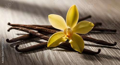 Close-up of a beautiful yellow vanilla orchid flower resting on a pile of dark brown vanilla beans on a wooden surface, illuminated by natural light.