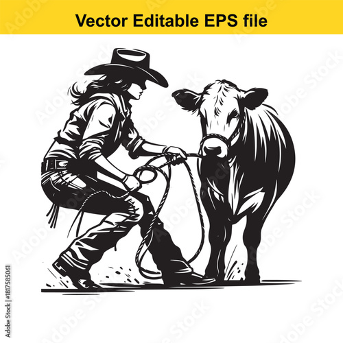 Cowgirl in silhouette, wearing a cowboy hat and jeans, holding a rope attached to a cow, isolated on