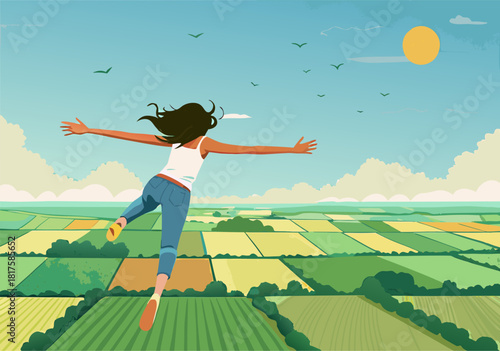 Woman Soaring Over Lush Agricultural Fields in Dreamlike Flight