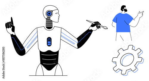 Robot holding paintbrush, gesturing with hands near man and gear. Ideal for AI, automation, robotics, creativity, human-machine interaction, future technology multitasking. Simple flat metaphor