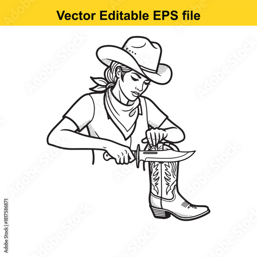 Cowgirl sharpening a knife, vector illustration, isolated on