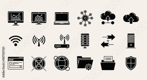Collection of black and white data and network icons.