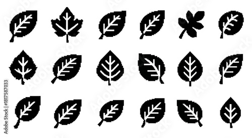 Collection of Black and White pixels Leaf Illustrations for Design.