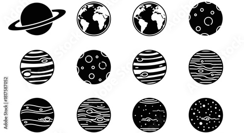 Collection of Black and White Planet Illustrations.