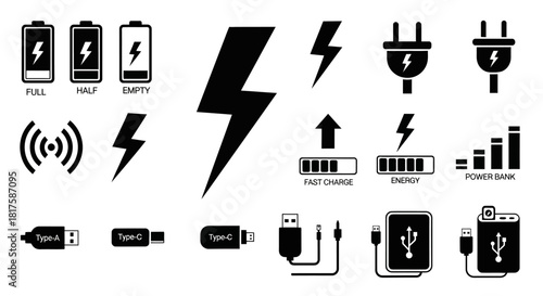 Collection of Charging and Battery Icons for Electronic Devices.