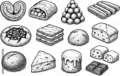 Hand drawn vintage bakery dessert set with rolls, churros, cookies, layered pastries, sweet buns and assorted classic treats