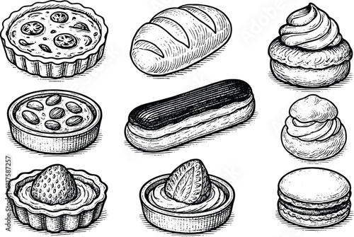 Hand drawn vintage bakery dessert set featuring tarts, éclairs, macarons, cream puffs, bread and assorted sweet pastries