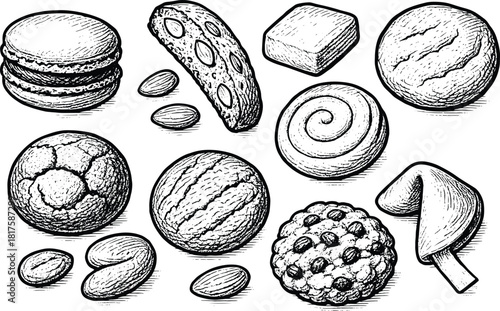 Hand drawn vintage cookie and biscuit collection featuring macarons, biscotti, swirl rolls and assorted classic sweet snacks