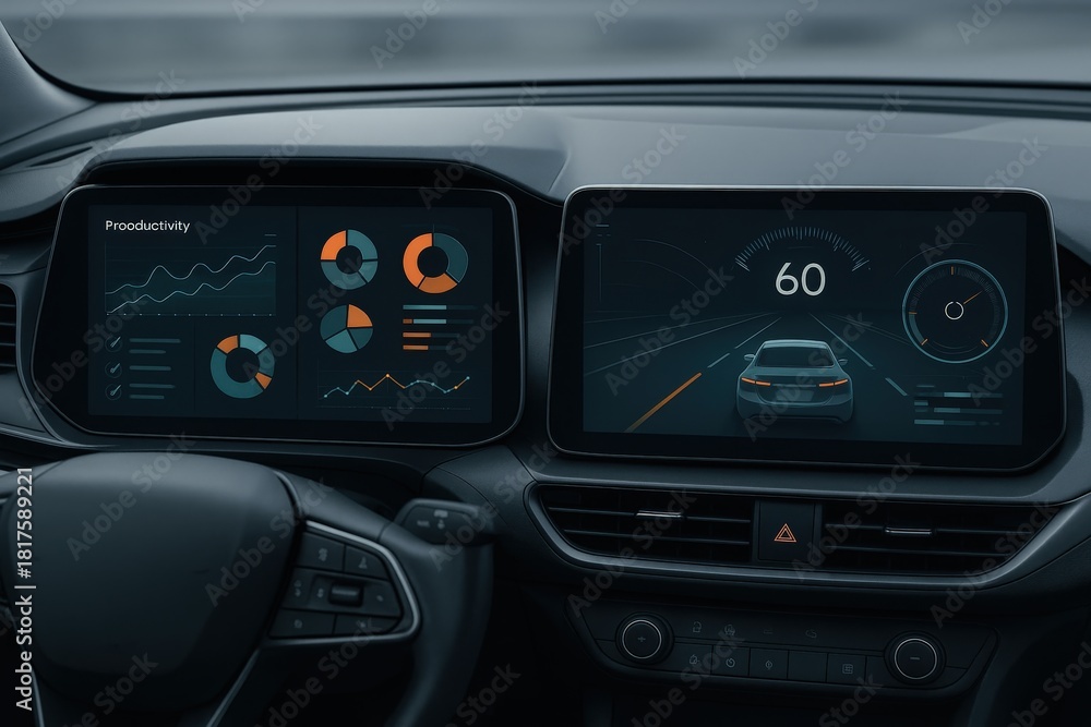 Fototapeta premium Modern automotive dashboard with advanced analytics interface showcasing productivity metrics, real time speed monitoring, and dynamic visualizations enhancing driver experience and efficiency