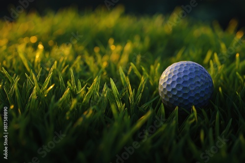 Golf Ball on Lush Green Grass Close-Up: A Tranquil Sunset Scene in Nature Highlighting the Leisurely Game of Golf