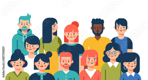 Diverse group of people smiling together in a colorful illustration, celebrating unity