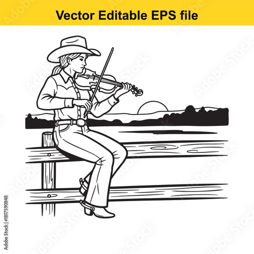 Cowgirl playing violin on a fence at sunset, vector art