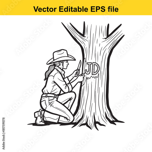 A person wearing a cowboy hat carves initials into a tree trunk with a knife, vector illustration