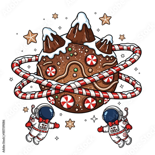 Adorable astronauts exploring a festive gingerbread planet with candy rings and snowy icing peaks
