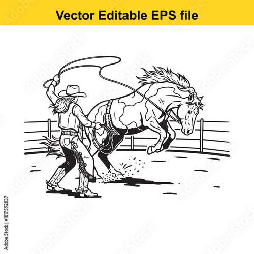 Cowboy roping a bucking horse in a rodeo arena, dynamic action shot of western sport, vector illustration