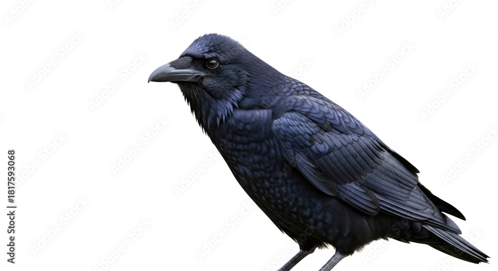 Fototapeta premium Black Crow Perched on a Branch in Profile.