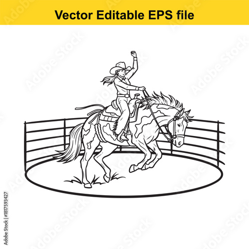 Cowgirl riding a bucking horse in a rodeo arena, vector illustration isolated on