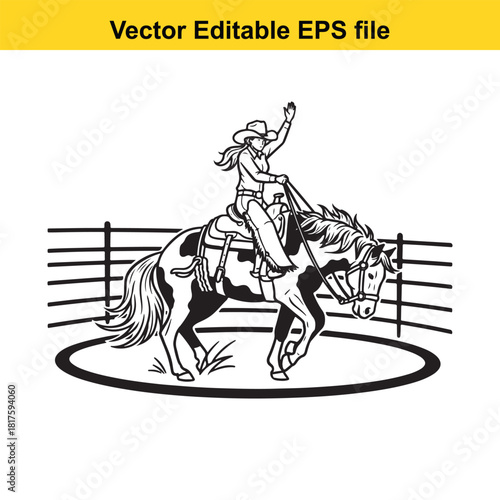 Cowgirl on horse in rodeo arena, waving hand, vector illustration, isolated on