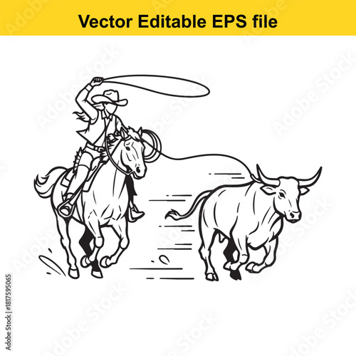 Cowboy on horseback lassoing a bull, vector illustration isolated on
