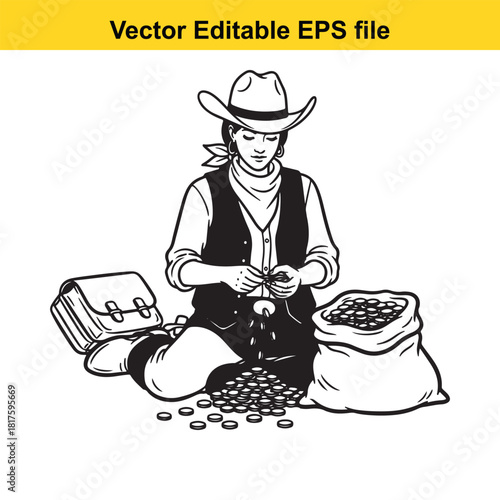 Cowgirl sitting on the ground, counting coins from a bag, with a satchel nearby, isolated on