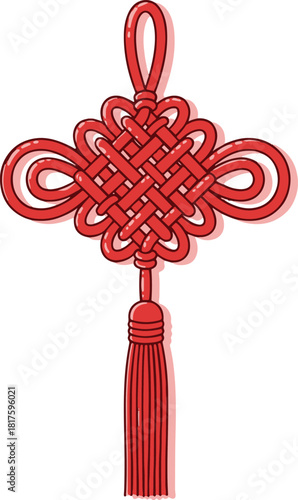 Flat vector illustration of a traditional red Chinese knot with a hanging tassel, symbolizing good luck and prosperity for Lunar New Year celebrations and Spring Festival decorations.