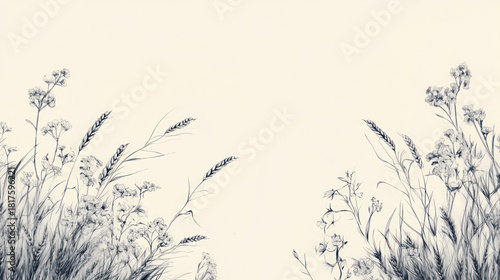 Delicate Wildflowers and Wheat Stalks Sketch