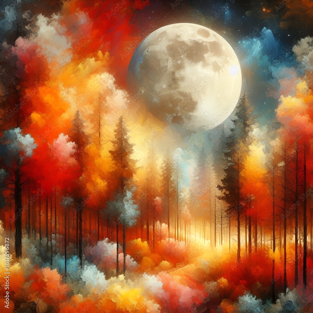 Fototapeta premium Serene Dream-like Abstract Autumn Fantasy Painting Landscape with Warm Orange Red Yellow Colors on Cool Teal Blue Background with Large Full Moon in Sky Between Silhouetted Towering Forest Pine Trees