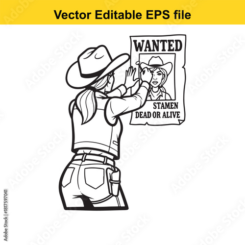 Cowgirl in western attire, wearing a cowboy hat and vest, pinning a wanted poster of herself to a wooden post, isolated on